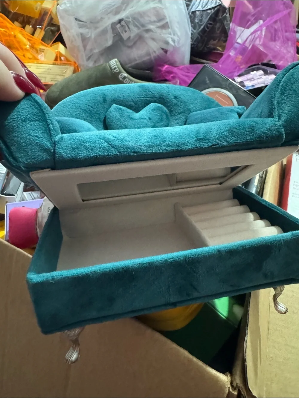 Teal Velvet Heart Accent Mini Sofa Jewelry box